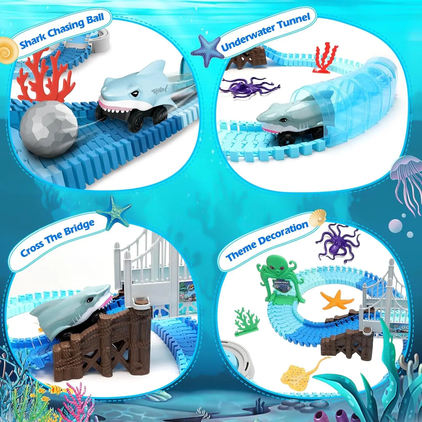 Shark Race Track Toy: Flexible, Bendable Rail Car Set for Kids 3+ (STEM Educational).