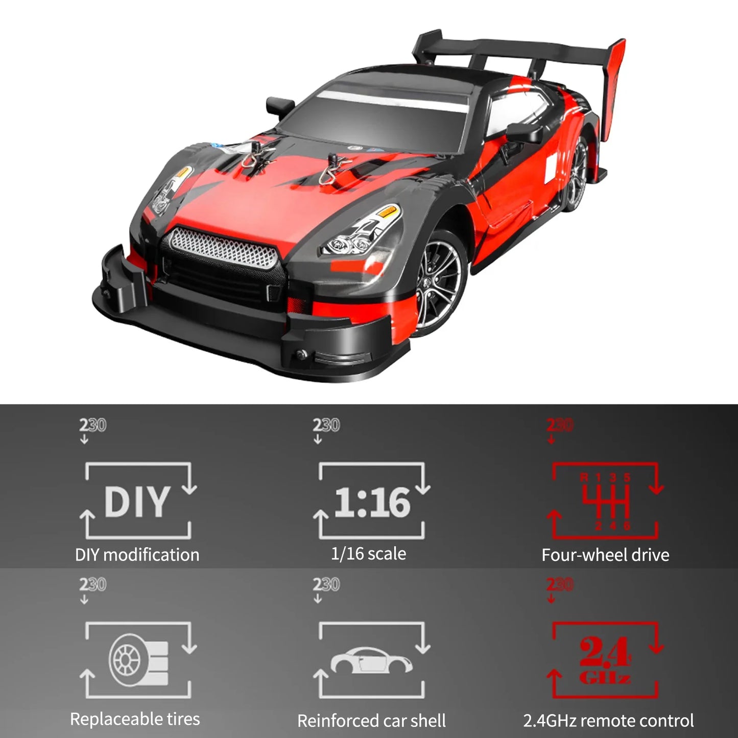Extreme Drift RC Car: 1/16 Scale, 30km/h High Speed, 2.4GHz 4WD Race Ready (RTR).