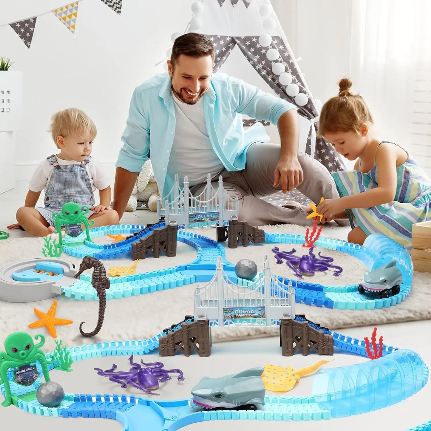 Shark Race Track Toy: Flexible, Bendable Rail Car Set for Kids 3+ (STEM Educational).