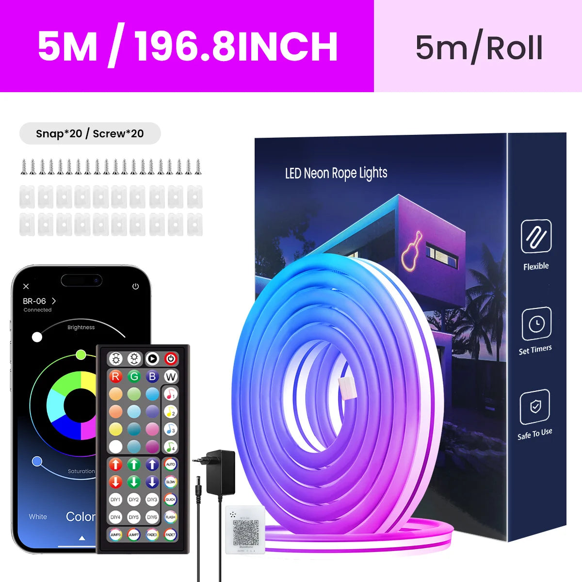 RGB LED Neon Light Strip (Remote & App Control) - Waterproof for Outdoor and Indoor Use