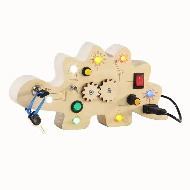 Montessori Wooden Busy Board with LED Lights – Sensory Learning Toy for Toddlers (2–4 Years) & Travel Activities.