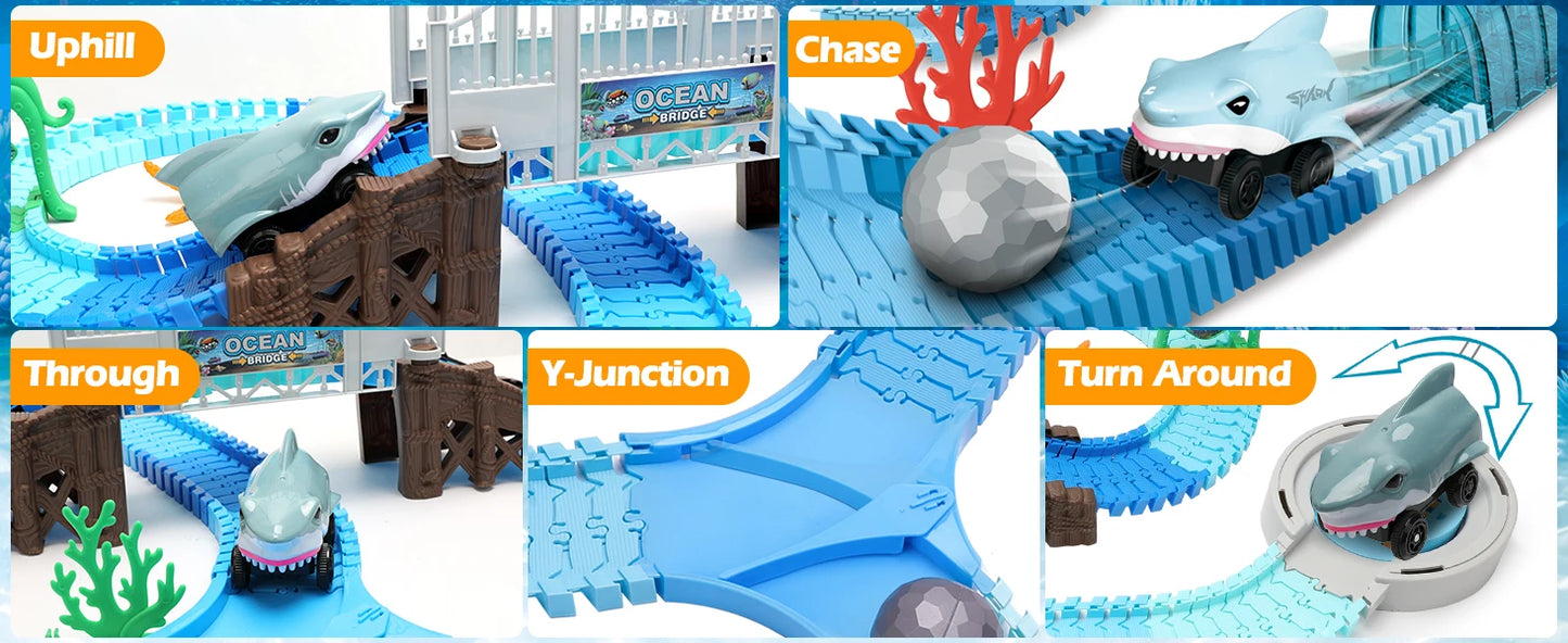Shark Race Track Toy: Flexible, Bendable Rail Car Set for Kids 3+ (STEM Educational).