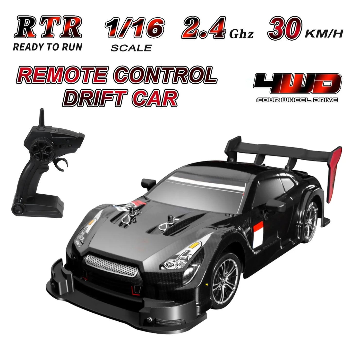 Extreme Drift RC Car: 1/16 Scale, 30km/h High Speed, 2.4GHz 4WD Race Ready (RTR).