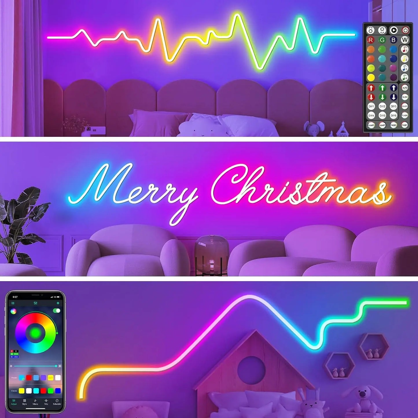 RGB LED Neon Light Strip (Remote & App Control) - Waterproof for Outdoor and Indoor Use