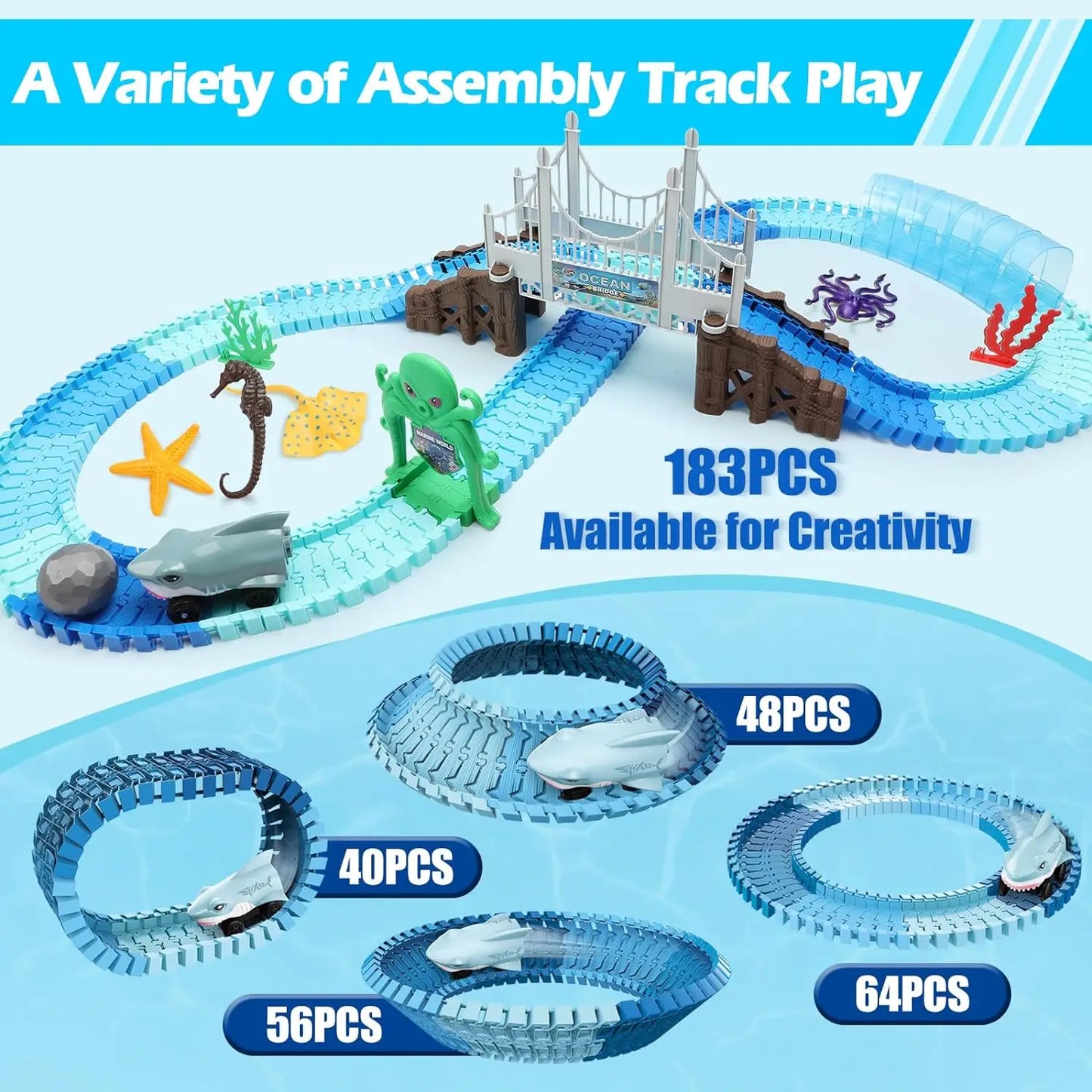 Shark Race Track Toy: Flexible, Bendable Rail Car Set for Kids 3+ (STEM Educational).