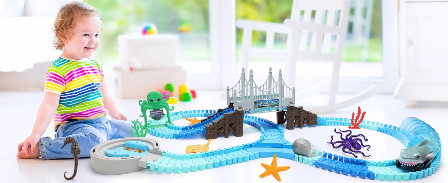 Shark Race Track Toy: Flexible, Bendable Rail Car Set for Kids 3+ (STEM Educational).