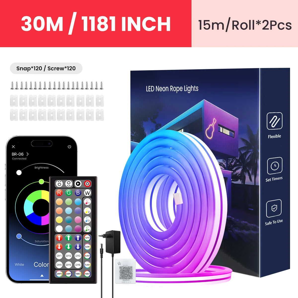 RGB LED Neon Light Strip (Remote & App Control) - Waterproof for Outdoor and Indoor Use