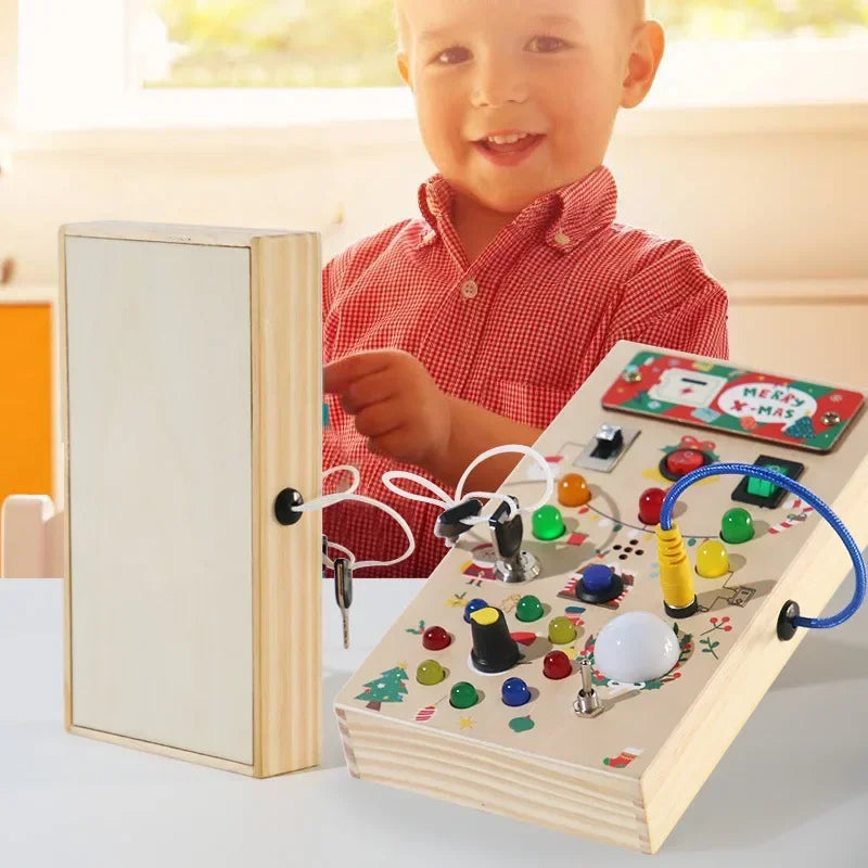 Montessori Wooden Busy Board with LED Lights – Sensory Learning Toy for Toddlers (2–4 Years) & Travel Activities.