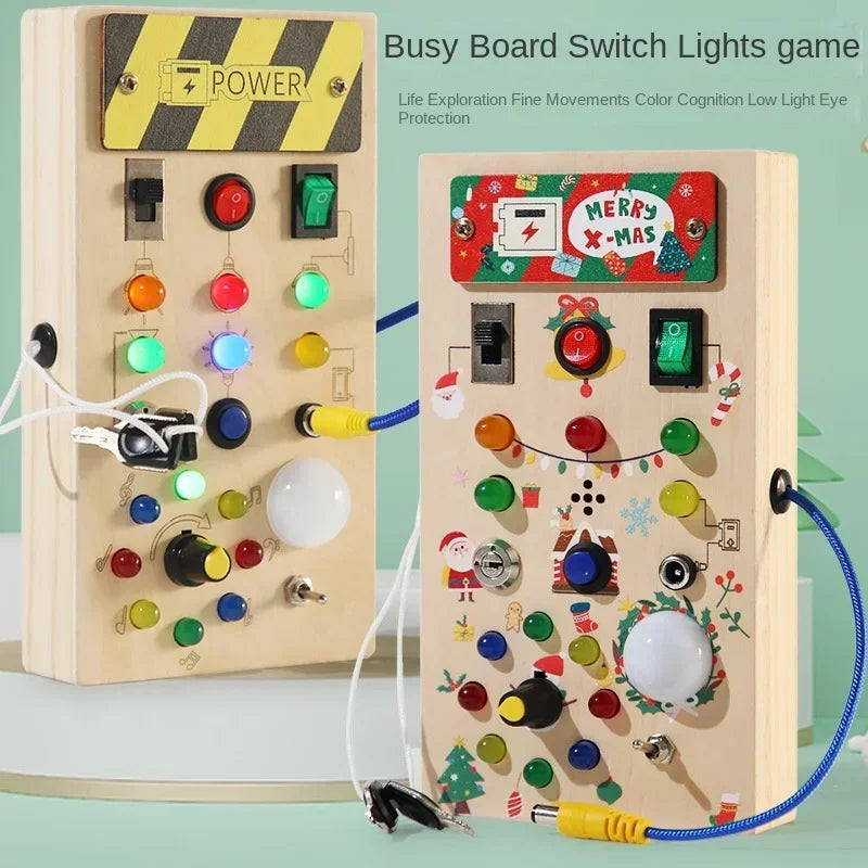 Montessori Wooden Busy Board with LED Lights – Sensory Learning Toy for Toddlers (2–4 Years) & Travel Activities.