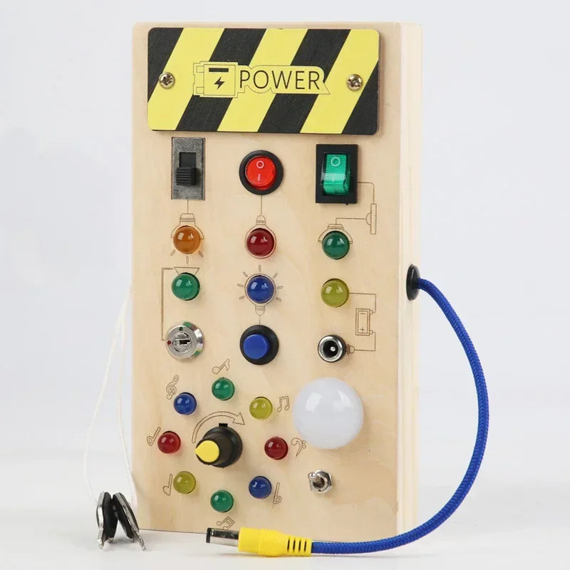 Montessori Wooden Busy Board with LED Lights – Sensory Learning Toy for Toddlers (2–4 Years) & Travel Activities.