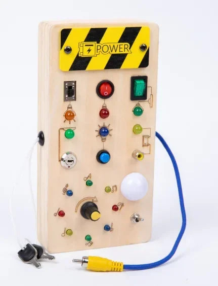 Montessori Wooden Busy Board with LED Lights – Sensory Learning Toy for Toddlers (2–4 Years) & Travel Activities.