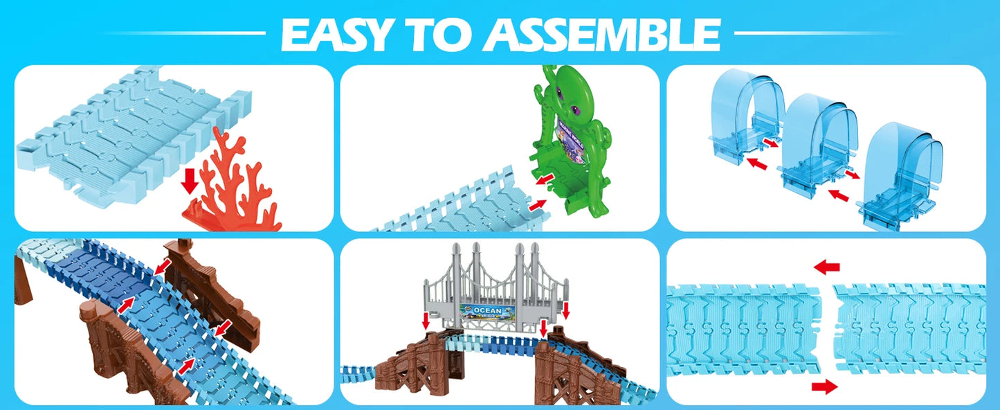 Shark Race Track Toy: Flexible, Bendable Rail Car Set for Kids 3+ (STEM Educational).
