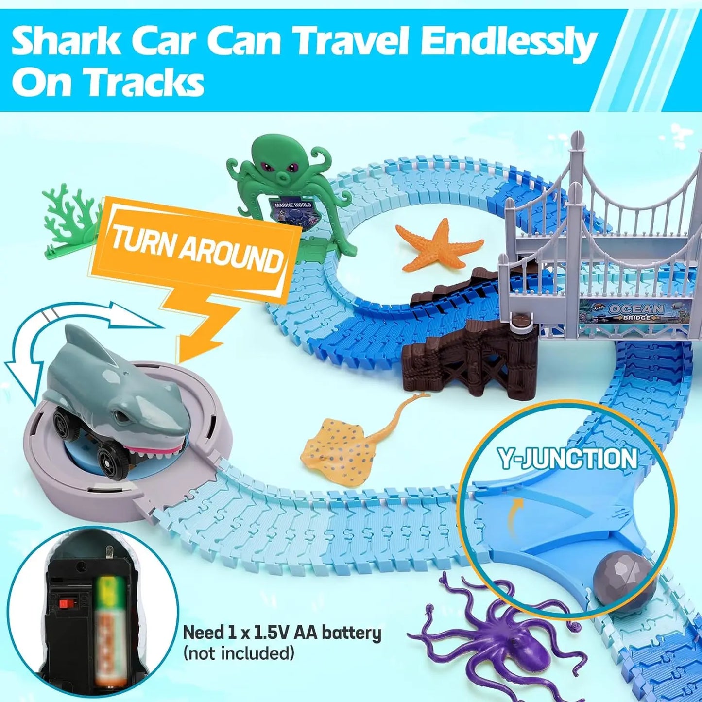 Shark Race Track Toy: Flexible, Bendable Rail Car Set for Kids 3+ (STEM Educational).