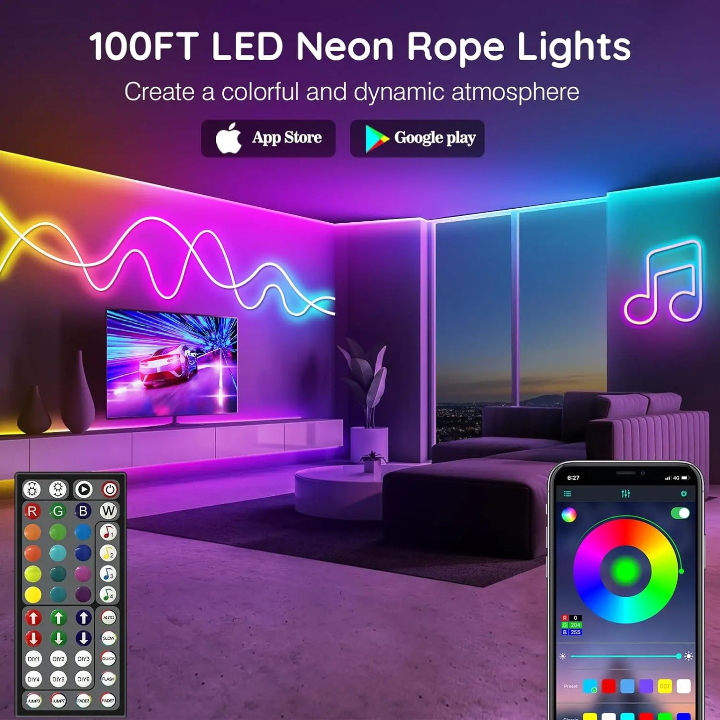 RGB LED Neon Light Strip (Remote & App Control) - Waterproof for Outdoor and Indoor Use