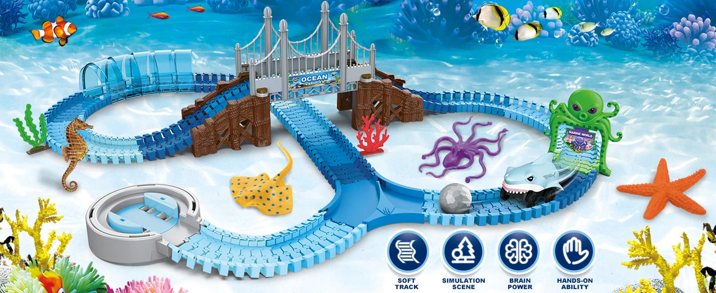 Shark Race Track Toy: Flexible, Bendable Rail Car Set for Kids 3+ (STEM Educational).