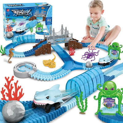 Shark Race Track Toy: Flexible, Bendable Rail Car Set for Kids 3+ (STEM Educational).