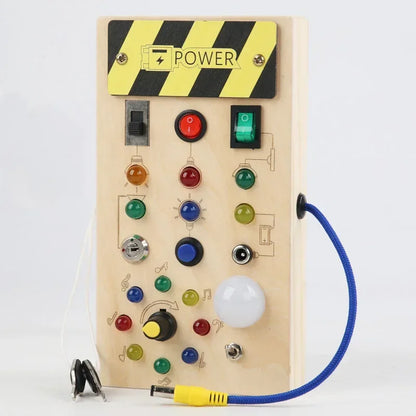 Montessori Wooden Busy Board with LED Lights – Sensory Learning Toy for Toddlers (2–4 Years) & Travel Activities.