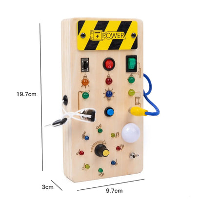 Montessori Wooden Busy Board with LED Lights – Sensory Learning Toy for Toddlers (2–4 Years) & Travel Activities.